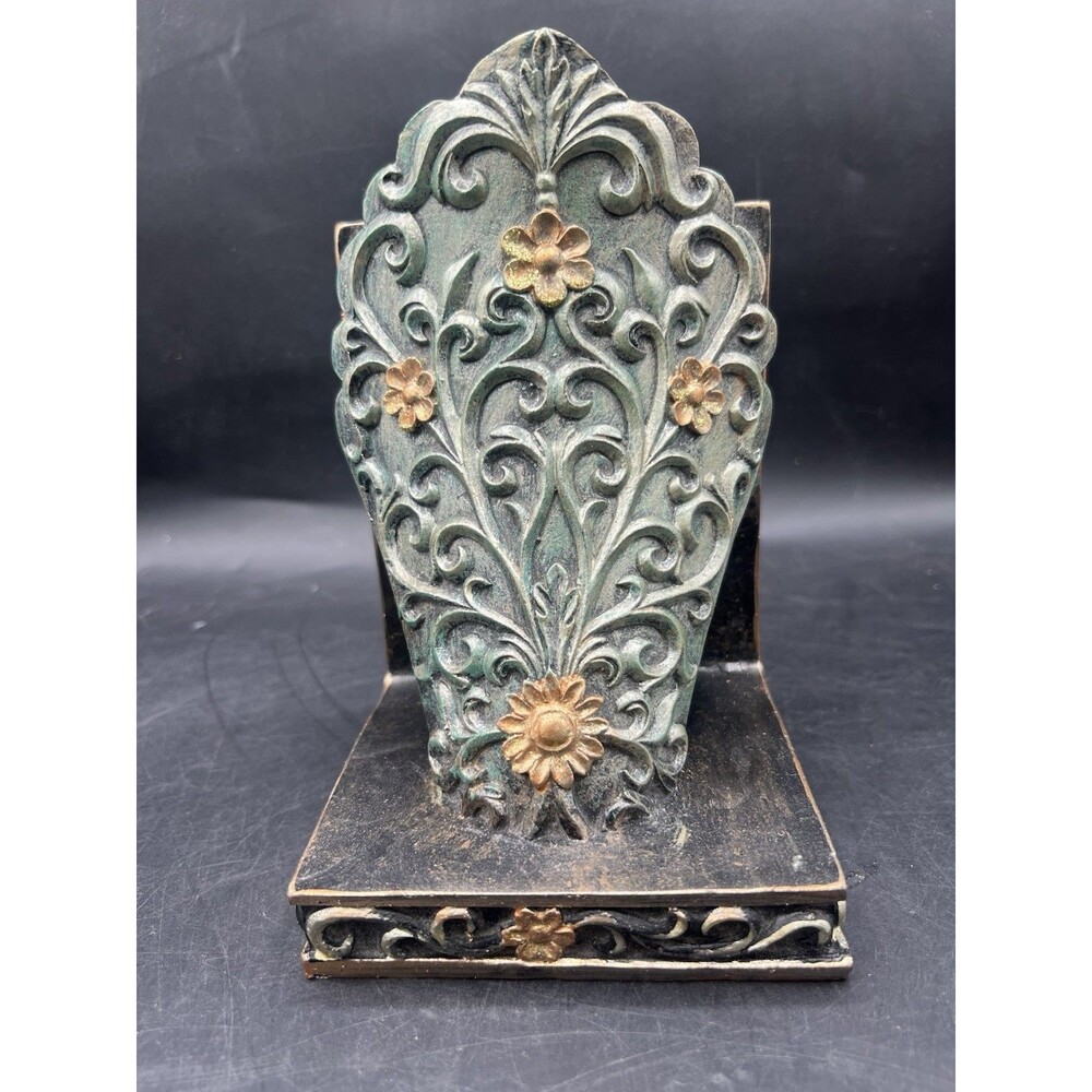 Single Decorative Bookend Floral Scroll Verdigris Green Bronze Gold Resin 7”